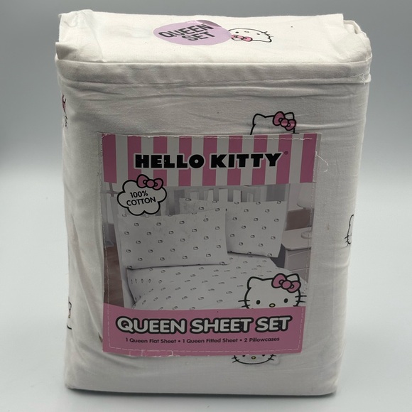 Hello Kitty Other - Hello Kitty White Queen Sheet Set Pink Bows 100% Cotton 4pc NWT Sanrio